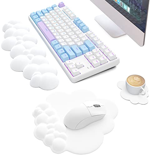 MANBASNAKE Cloud Mouse Pad Wrist Support Keyboard Wrist Rest Set with Ergonomic Memory Foam,Non-Slip Base,Cloud Coasters for Home,Office,Laptop,Desktop Computer,Easy Typing Pain Relief- White - White