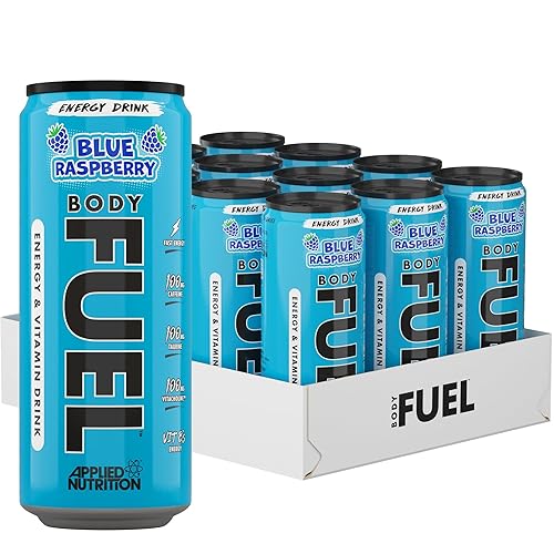 Applied Nutrition BodyFuel Energy & Vitamins Drink - Fast Energy, Energy Drink, Sugar Free with Caffeine (Pack of 12 Cans x 330ml) (Blue Raspberry) - Blue Raspberry