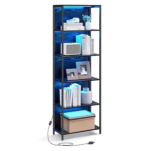 VASAGLE 6-Tier LED Bookcase, Bookshelf with Dimmable Lights, Storage Shelf with Steel Frame, 30.3 x 60 x 178.6 cm, for Living Room, Bedroom, Office, Ebony Black LLS120B58 - 60W cm