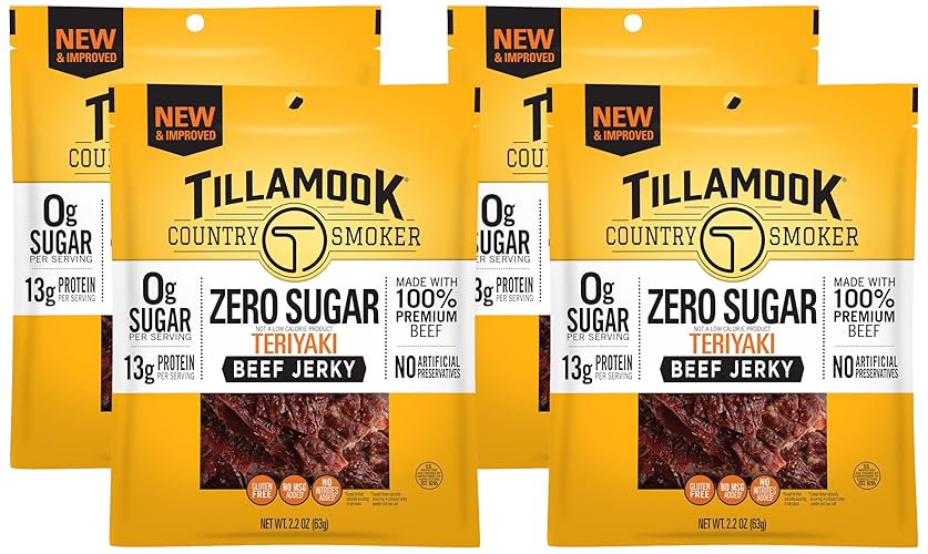 Tillamook Country Smoker Zero Sugar Keto Friendly Beef Jerky, Teriyaki, 2.2 Ounce (Pack of 4) - Teriyaki - 2.2 Ounce (Pack of 4)