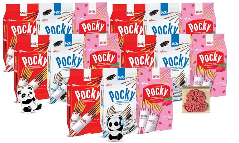 Pocky Sticks Japanese Snacks Pocky Variety Pack of 15 Asian Snacks - Poky Stix Strawberry, Chocolate, Cookies, and Cream Asian Candy by Grateful Grocer