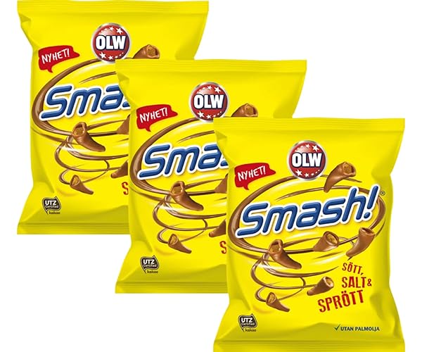 ScandiKitchen, OLW, Smash, Norwegian Chocolate Covered Corn Snacks, Salty, Sweet and Crunchy, 100g x3 Packs