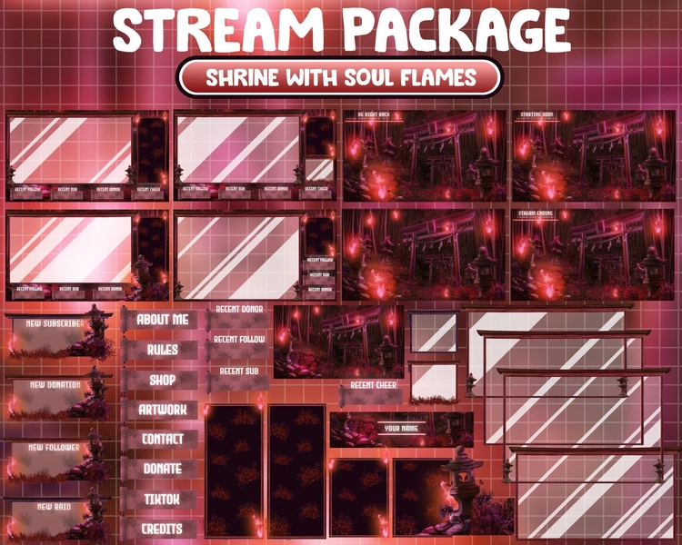 Animated Twitch Stream Package Overlay / Red Shrine With Soul Flames / Aesthetic Torii Gate / Mythology Japan / Ghost / Spider Lilies Flower