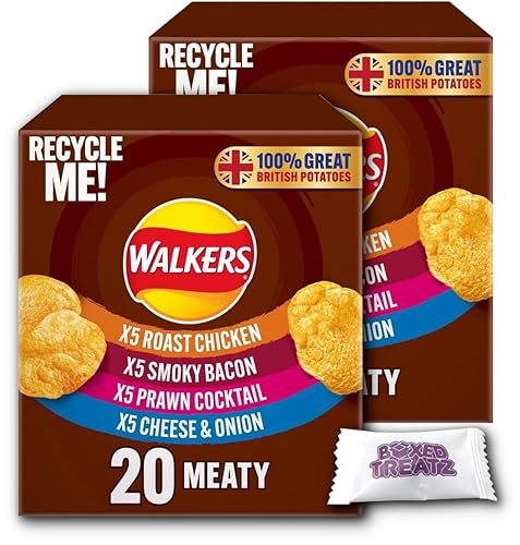 Walkers Meaty Variety Crisps 25g Bags Multipack Of Walkers Meaty Variety Crisps Smoky Bacon Roast Chicken Prawn Cocktail Cheese & Onion 2 Boxes Of 20X25g Boxed Treatz (40)