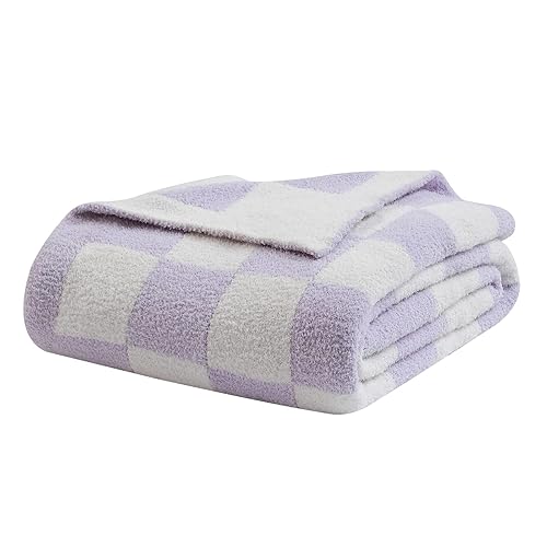 bearberry Fuzzy Checkerboard Grid Throw Blanket Knitted Soft Cozy Warm Microfiber Blanket Decor for Couch Sofa Bed Travel Home (Purple, 50''x60'') - Throw(50″x60″) - Purple