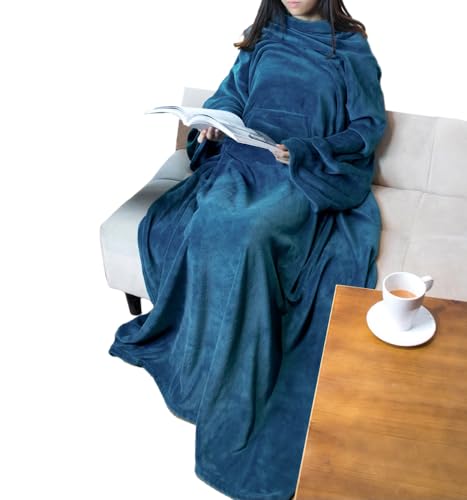 PAVILIA Blanket with Sleeves for Adult Women Men, Soft Warm Wearable Blanket Fleece Wrap Throw, Robe Blanket Gift - Sea Blue - Fleece