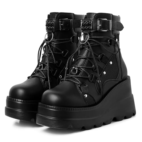 mikarka Holographic Platform Boots for Women, Lace Up Ankle Studded Buckle Goth Stacked Wedge Combat Ankle Boots - 8 - Studded-black