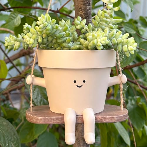 Swing Face Planter Pot Hanging Cute Flower Head Planters - Unique Sitting Sway Pots Indoor Outdoor Plants Succulent Pot String of Pearls Plant Live Flower Pots - Ideal Gifts for Mother's Day Christmas - Light