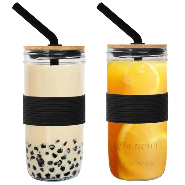 Mason Jar with Lid and Straw, 24oz Wide Mouth Mason Jar Drinking Glasses Tumbler Silicone Straw Bamboo Lid Silicone Sleeve, Reusable Boba Cups Travel Bottle for Iced Coffee Large Pearl Juice, Black