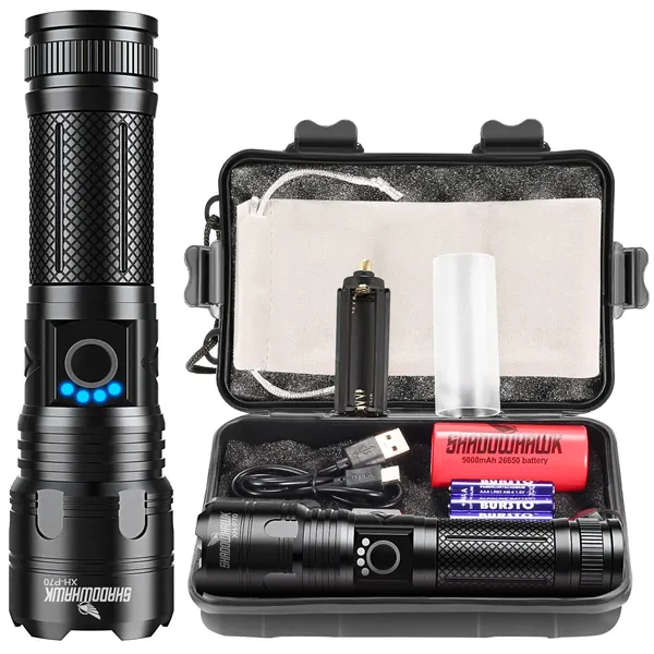 Shadowhawk Torches LED Super Bright, Rechargeable LED Torch P70 10000 Lumens Powerful Military Tactical Flashlight Rechargeable Battery Torch for Dog Walking Hiking Emergency Gift