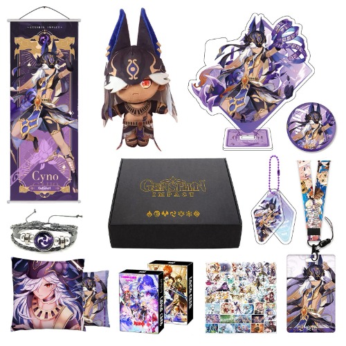 MOTAO Genshin Impact Box Xiao Hu Tao Qiqi Merch Set - Doll, Poster, Pillowcase, Stand Figure, Bracelet, Badge, Keychain, Card Cover, 30 Lomo Cards, 50 Stickers (Cyno) - Cyno