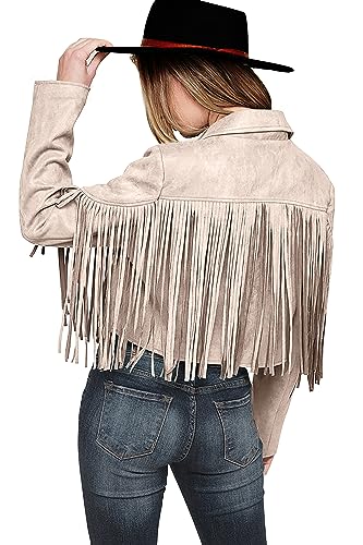 PRETTYGARDEN Women's Fringe Faux Suede Leather Jackets 2023 Fashion Tassel Motorcycle Cropped Coats - Brown Yellow - XX-Large