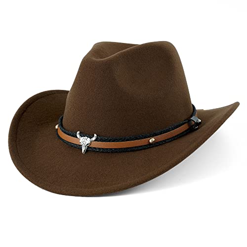 DOCILA Unisex Western Cowboy Hat Fur Faux Felt American Hats Fedora Outdoor Wide Brim Hat with Strap - Brown