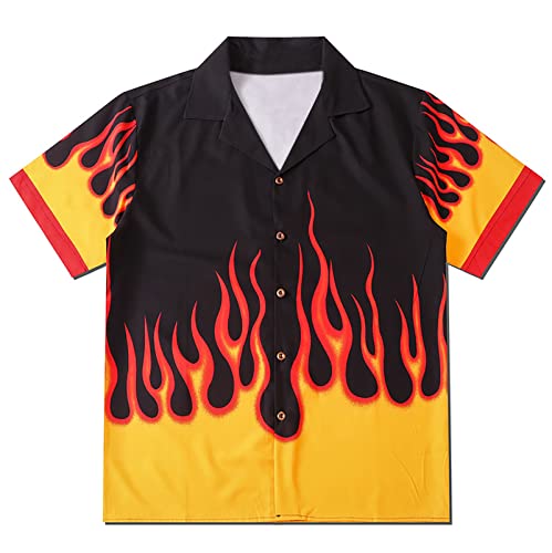 YEMOCILE Button Down Oversized Short T-Shirt for Men Women Teenagers Loose Fit Shirts with Flame Graphic - XX-Large - Color1