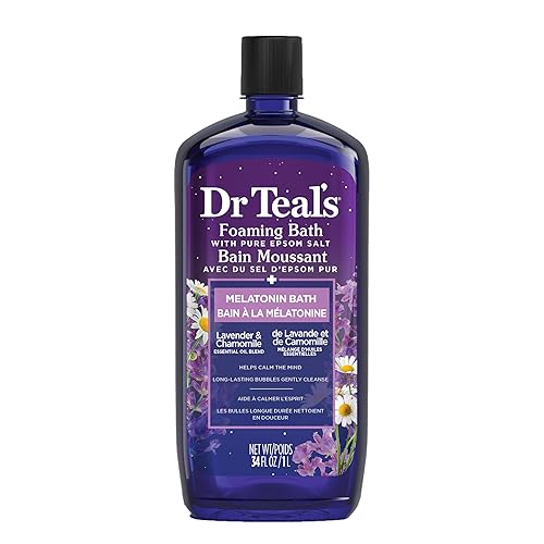 Dr Teal's Foaming Bath with Pure Epsom Salt, Melatonin Bath, Lavender & Chamomile Essential Oil Blend, 34 fl oz (Packaging May Vary) - Bubble Bath (1000 ml)