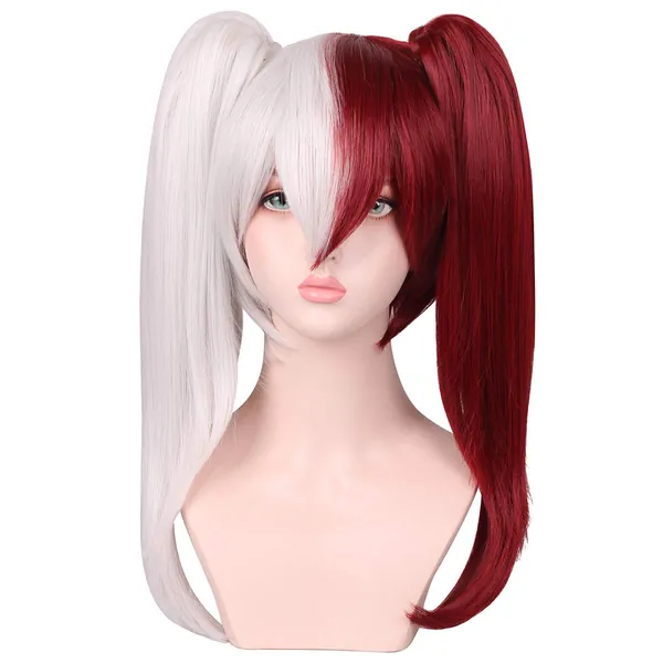 ColorGround Female Anime Cosplay Wig Silver White Dark Red with Ponytails