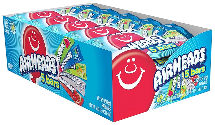Airheads Candy, Assorted Flavors, 5 Individually Wrapped Full Size Bars per Pack, Box of 18 Packs