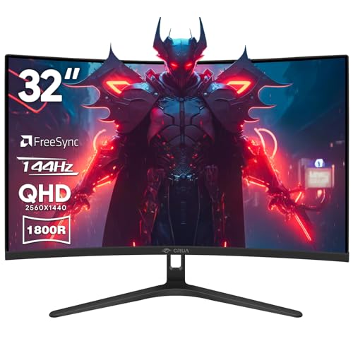 CRUA 32" Curved Gaming Monitor,144Hz QHD(2560x1440P) VA 1800R Display,99%sRGB,1ms(GTG) Support FreeSync Computer Monitor, Narrow Bezel Desktop PC Monitors Compatible HDMI,DP- Black(Support Wall Mount) - 32Inch QHD 144Hz