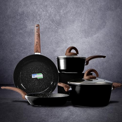Vkoocy Pots and Pans Set Non Stick, Ceramic Cookware Set Non Toxic, Induction Granitestone Kitchen Cooking Sets w/Frying Pans, Saucepans, Casserole with Lids, NO PFAS & PTFE, Black - 6 pcs bright black