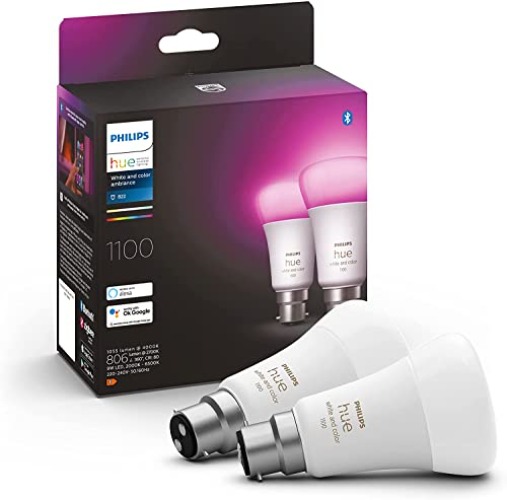 Philips Hue White & Colour Ambiance Smart Bulb Twin Pack LED [B22 Bayonet Cap] - 1100 Lumens (75W Equivalent). Works with Alexa, Google Assistant and Apple Homekit, 2 Count (Pack of 1)
