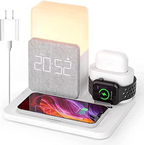 Wireless Charging Station, 3 in 1 Charging Station, Alarm Clock with Wireless Charging, Night Light, Wireless Charger for iPhone 12/13/14 Pro/13 Mini/13 Pro Max/12 pro (QC3.0 Adapter Included) - White