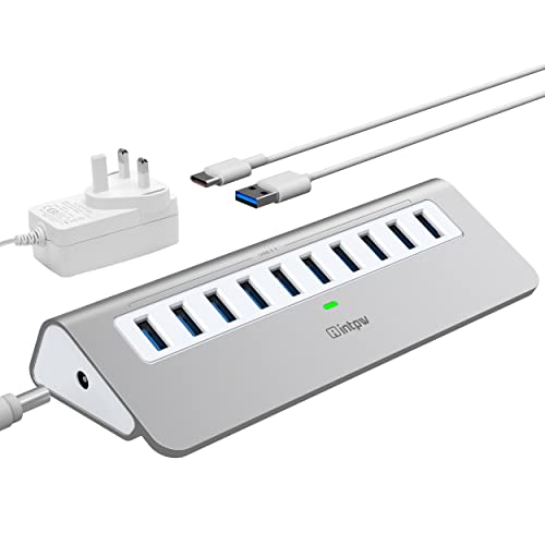 Powered USB Hub, intpw 10 Port USB 3.1 Hub with 10Gbps Data Transfer, 36W(12V/3.0A) Power Adapter, USB Type A and Type C Cable, Aluminum USB Splitter for Laptop - 10 Port
