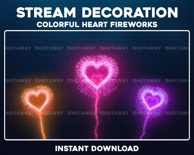 Animated Heart Firework Twitch Overlay, Valentine Twitch Overlay, Colorful Heart Fireworks, Party, Festive, New Year, Christmas, Valentine