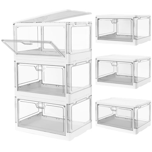 HYBRIDEAS 3-Pack Clear Stackable Storage Bins with Lids Magnetic Doors Open Front Foldable Folding Plastic Craft Containers Large Closet Organizers Box for Bedrooms Living Rooms Study Kids' Toys 24 QT