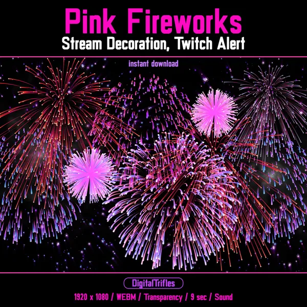 Pink Fireworks Twitch Overlay, Animated Alert, Stream Decoration, New Follows, Gift Subs, Bits, Cheer, Transparent, Sound