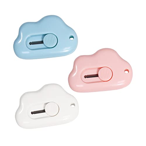 3PCS Mini Cloud Shaped Utility Knife, Portable Retractable Box Cutter Letter Opener with Key Chain Hole, Safety Package Box Opener (Pink White Blue) - 3pcs(cloud)