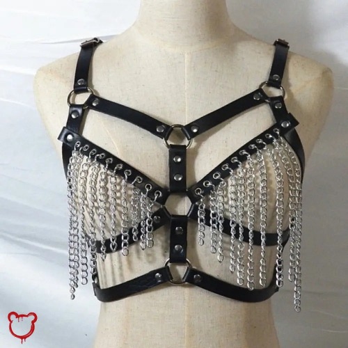 'Gothic Chain Harness: Black Faux Leather' - black