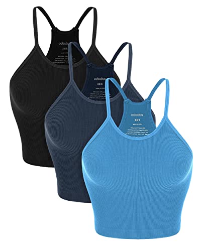 ODODOS Women's Crop 3-Pack Washed Seamless Rib-Knit Camisole Crop Tank Tops - Black+navy+blue (Long Crop) - Medium-Large