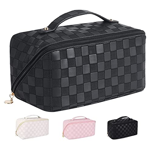YUNZSXJY Large Capacity Cosmetic Bag Travel Makeup Bag for Women with Portable Handle, Multifunctional Checkered Makeup Organizer Bag Waterproof PU Leather Toiletry Bag, Black - Black