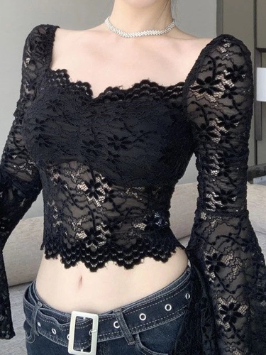 Goth Black Lace Flare Sleeve Crop Top - black / XL