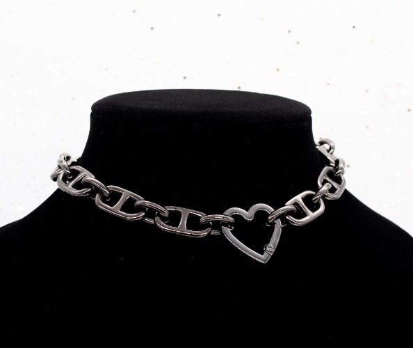 Chunky Chain Heart Collar in Gunmetal | Collar & Leash