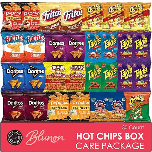 Hot Chips Snacks Variety Pack for Adults - Fiery Spicy Snack Bag Care Package - Gift Box Bulk Assortment (30 pack)