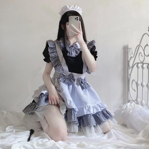 Japanese Plaid Lolita Maid Dress - Black / 4XL