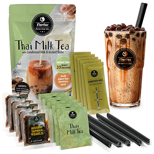 Flavfar Thai Milk Tea with Instant Tapioca Pearls - Authentic Bubble Tea Kit with Low Calorie, Brown Sugar Boba & Sweetened Condensed Milk -Made in Taiwan - 5 Pack - Thai