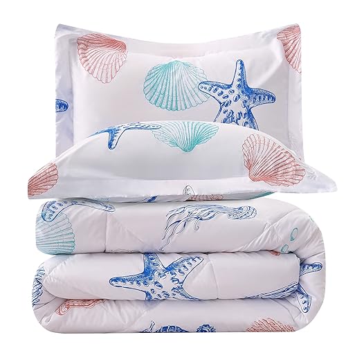 JSD Beach Theme Kids Comforter Set Twin Size, Jellyfish Starfish Shell Printed Comforter with Pillow Sham, Lightweight All Season Washable - Beach Theme - Twin/Twin XL