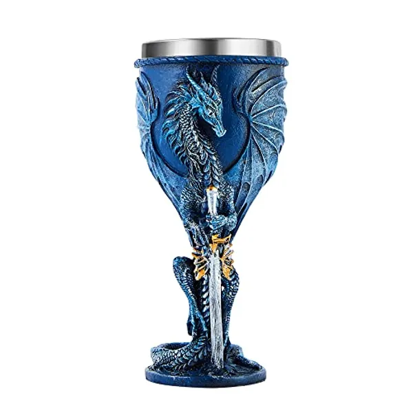 Ottalent Blue Dragon Goblet Stainless Steel Dungeons and Dragons Gift Chalice Wine Goblet 7 oz. (Blue Sword Dragon)