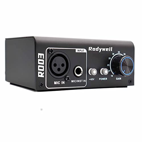 Rodyweil Microphone Preamp Mic Gain Booster with 2 Input Max 75db Gain 48V Phantom Power XLR Output for Dynamic and Condenser Mic