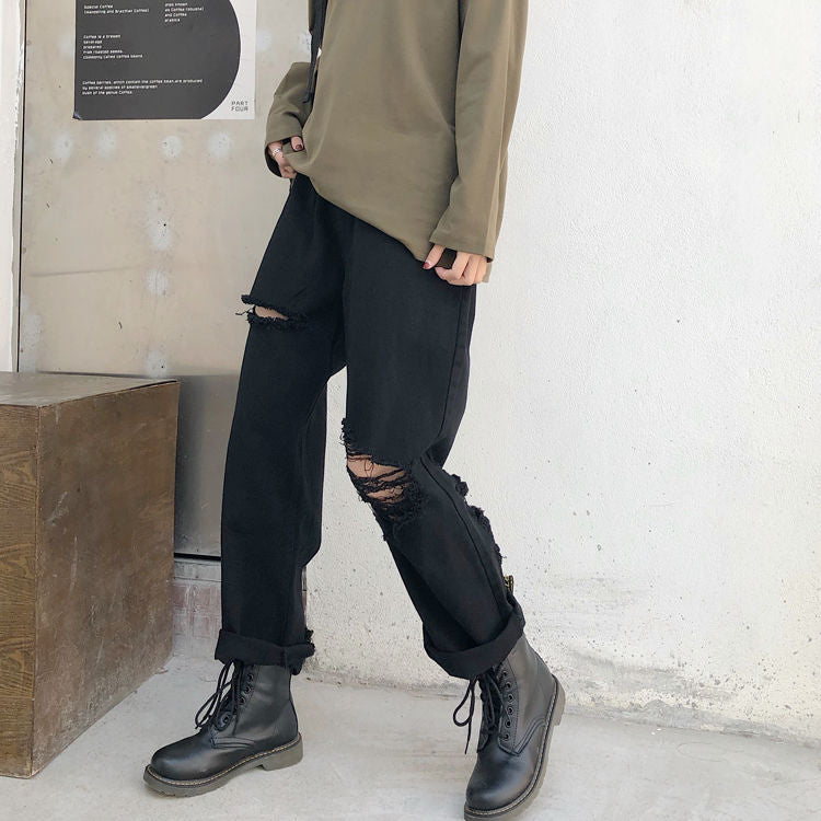 'Come As You Are' Black Grunge Ripped Baggy Jeans - black hole / M