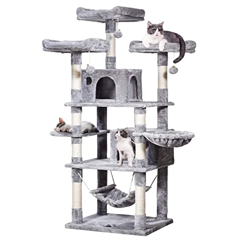 JISSBON Cat Tree Tower 170cm Cat Scratching Post with Condos, Basket, Hammock & Plush Perches for Kittens, Large Cats, Light Grey - Light Grey