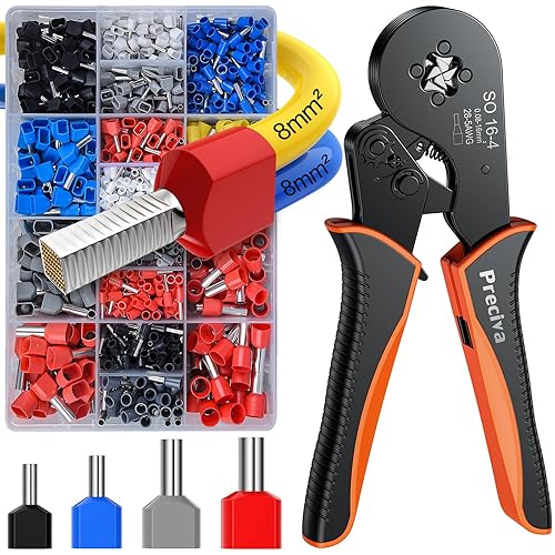 Preciva Bootlace Ferrule Crimping Tool Kit, 0.08-16mm²/AWG28-5 Ferrule Crimping Tool with 1200pcs Ferrules(300 Dual Wire Terminals), Crimping Tools, Self-Adjsutable Ratchet Wire Crimper Plier - 0.08-16