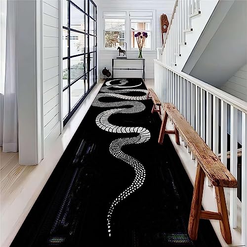 Snakes Decor Runner Rug,2x7ft, White Black Animal Serpent Moon Print Carpets, Large Area Anti-Slip Washable Black Hallway Runners Rugs for Living Dining Room Boys Bedroom Office Yoga Room - 2x7ft - 8
