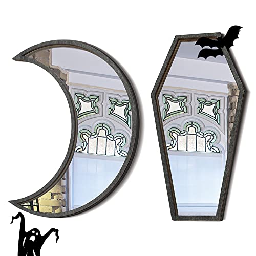 2 Pieces Tiny Coffin Mirror Moon Mirror Cute Goth Room Decor Mirror Spooky Gothic Decorative Mirror Rustic Black Wall Decor Wall-Mounted for Halloween Indoor Decoration,6 inches