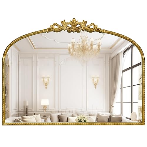 WallBeyond Gold Vintage Mirror for Vanity 32x24 Inch, Gold Antique Mirror with Ornate Frame, Arched Vintage Wall Mirror for Bathroom, Living Room, Fireplace, Entryway - 24"L x 32"W - Gold