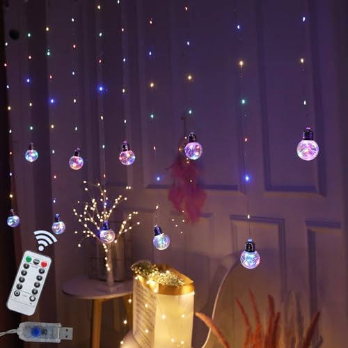 Obrecis Wishing Ball Curtain Lights 240 LED Hanging Twinkle Window Lights 8 Modes Fairy Lights for Bedroom with Remote, USB Powered String Lights Indoor for Christmas Wedding Party Wall (Four Color) - Four Color