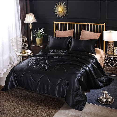 NTBED Silky Satin Comforter Set King Black, Soft Lightweight Microfiber Luxury Sexy Quilted Bedding Sets with 2 Matching Pillow Covers for Summer Spring Autumn - Black - King