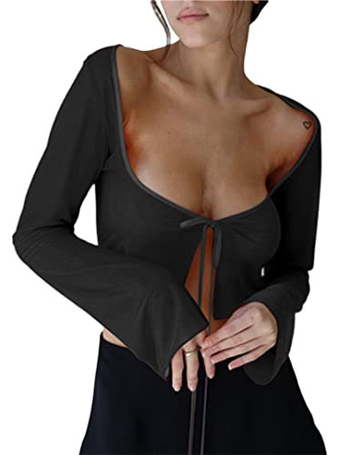 Remidoo Women's Sexy Tie Up Open Front Long Sleeve Sheer Mesh Crop Top See Through Cardigan Shirt - Small - Black